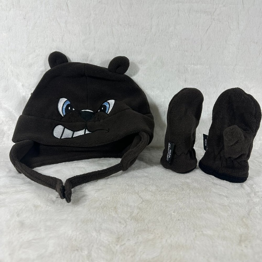 Wonderkids Fleece hat and mittens set Angry Beaver embroidery face OSFM brown